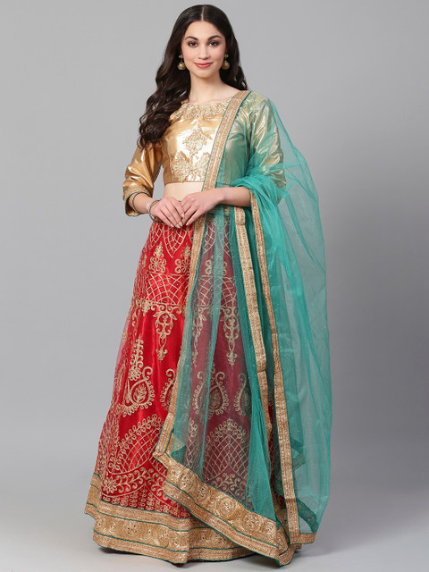 

Readiprint Fashions Red & Sea Green Embroidered Semi-Stitched Lehenga & Unstitched Blouse with Dupatta