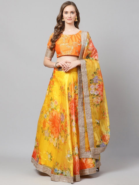 

Readiprint Fashions Yellow & Orange Printed Semi-Stitched Lehenga & Unstitched Blouse with Dupatta