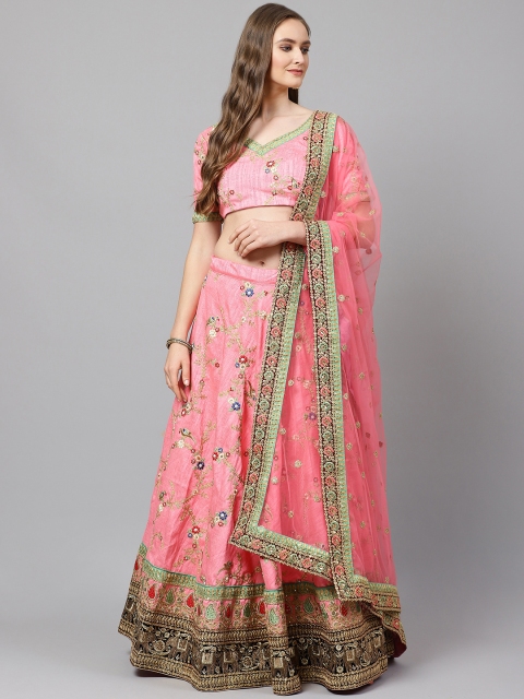 

Readiprint Fashions Pink & Green Embroidered Semi-Stitched Lehenga & Unstitched Blouse with Dupatta