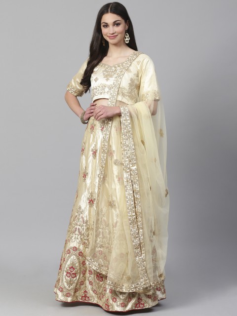 

Readiprint Fashions Cream-Coloured & Gold-Toned Embroidered Semi-Stitched Lehenga & Unstitched Blouse with Dupatta