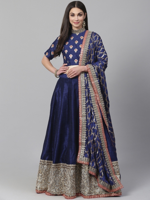 

Readiprint Fashions Navy Blue & Gold-Toned Embroidered Semi-Stitched Lehenga & Unstitched Blouse with Dupatta