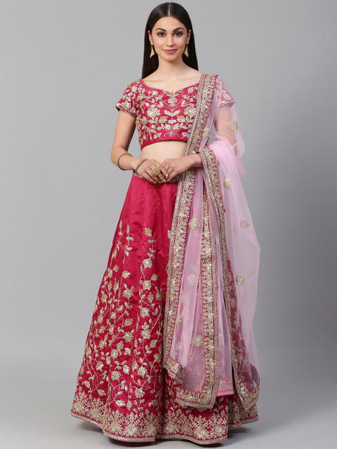 

Readiprint Fashions Red & Gold-Toned Embroidered Semi-Stitched Lehenga & Unstitched Blouse with Dupatta