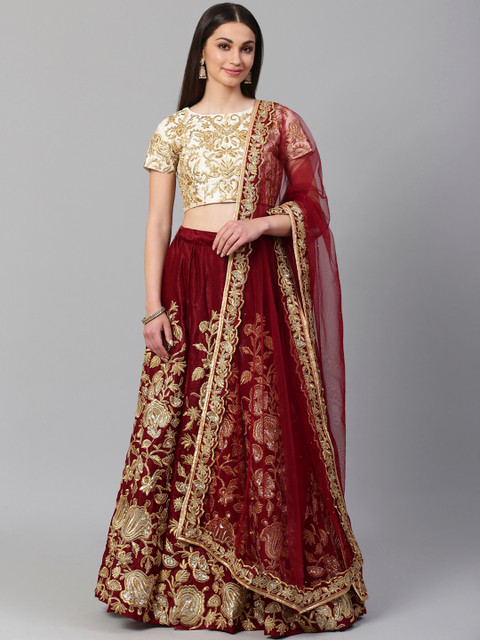 

Readiprint Fashions Burgundy & Cream-Coloured Embellished Semi-Stitched Lehenga & Unstitched Blouse with Dupatta