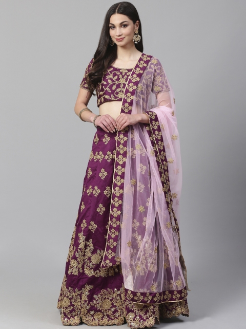 

Readiprint Fashions Purple & Gold-Toned Embroidered Semi-Stitched Lehenga & Unstitched Blouse with Dupatta