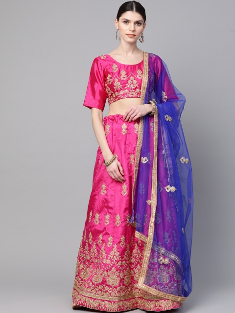 

Readiprint Fashions Pink & Blue Embroidered Semi-Stitched Lehenga & Unstitched Blouse with Dupatta