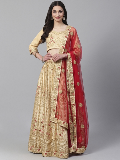 

Readiprint Fashions Cream-Coloured & Gold-Toned Embroidered Semi-Stitched Lehenga & Unstitched Blouse with Dupatta