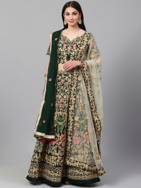 

Readiprint Fashions Green & Gold-Toned Embroidered Semi-Stitched Lehenga & Unstitched Blouse with Dupatta