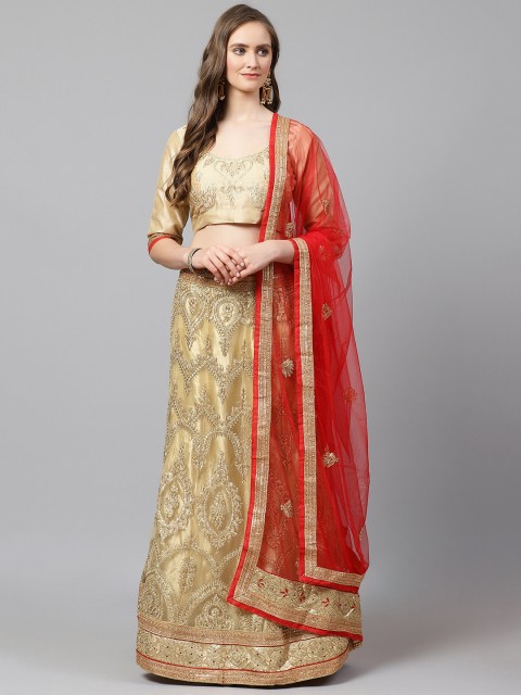 

Readiprint Fashions Gold-Toned & Red Embroidered Semi-Stitched Lehenga & Unstitched Blouse with Dupatta
