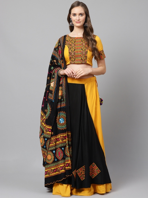 

Readiprint Fashions Yellow & Black Embroidered Semi-Stitched Lehenga & Unstitched Blouse with Dupatta