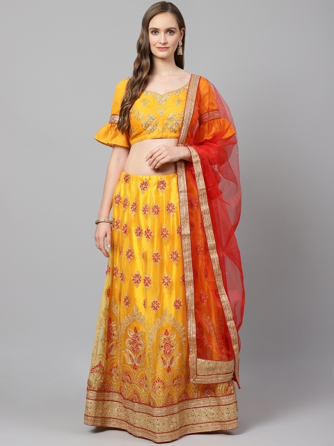 

Readiprint Fashions Yellow & Red Embroidered Semi-Stitched Lehenga & Unstitched Blouse with Dupatta