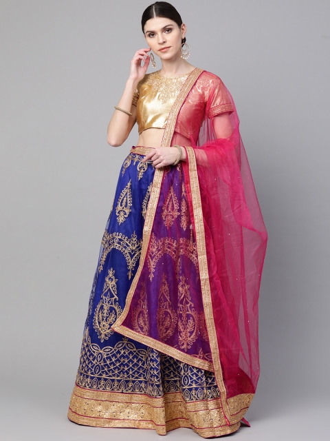 

Readiprint Fashions Blue & Gold-Toned Embroidered Semi-Stitched Lehenga & Unstitched Blouse with Dupatta