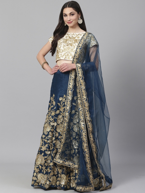 

Readiprint Fashions Teal & Cream-Coloured Embroidered Semi-Stitched Lehenga & Unstitched Blouse with Dupatta