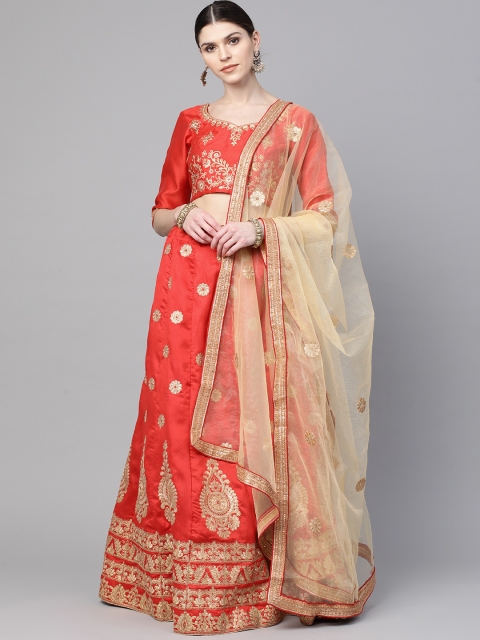 

Readiprint Fashions Red & Gold-Toned Embroidered Semi-Stitched Lehenga & Unstitched Blouse with Dupatta, Coral