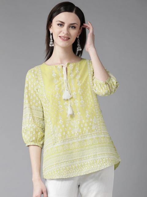 

W Women Green & White Printed Pure Cotton Top