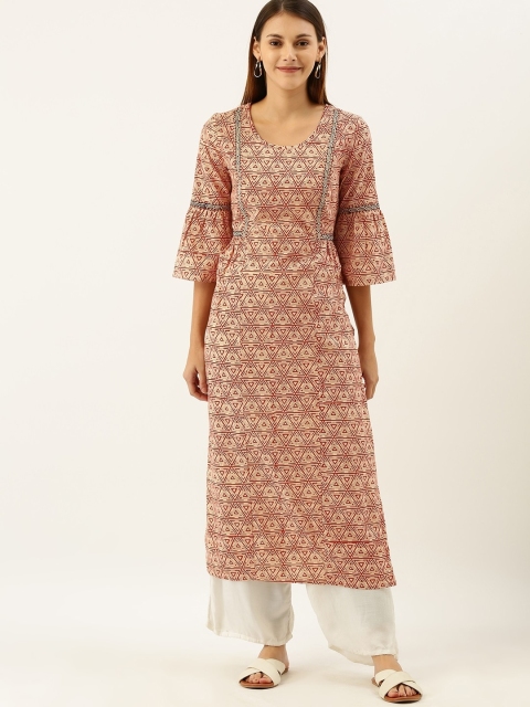 

Taavi Women Beige & Maroon Bagru Hand Block Print Straight Bell Sleeved Sustainable Kurta with Gathers