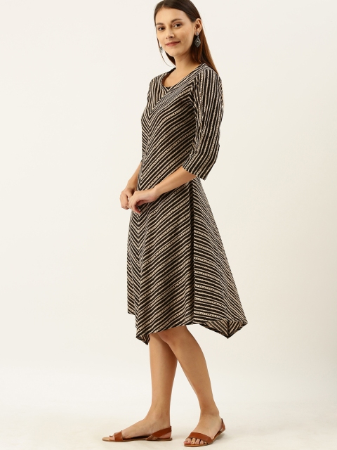 

Taavi Women Black & Off-White Bagru Hand Block Print Asymmetric Hem A-Line Sustainable Dress