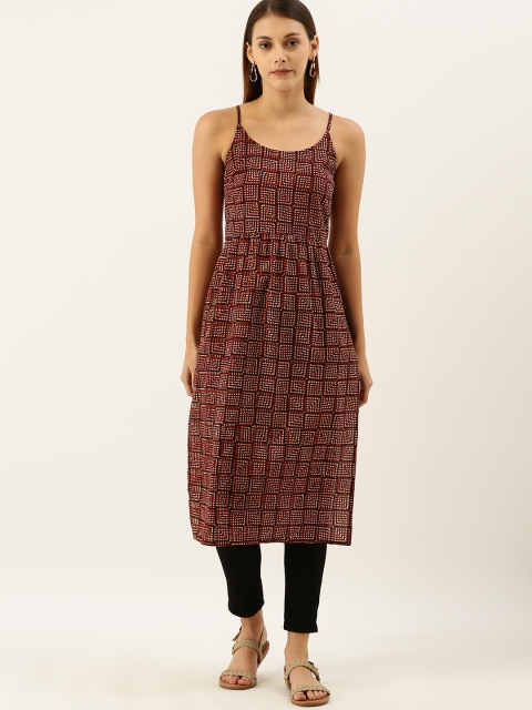 

Taavi Women Maroon & Beige Bagru Hand Block Print Straight High-Slit Sustainable Kurta