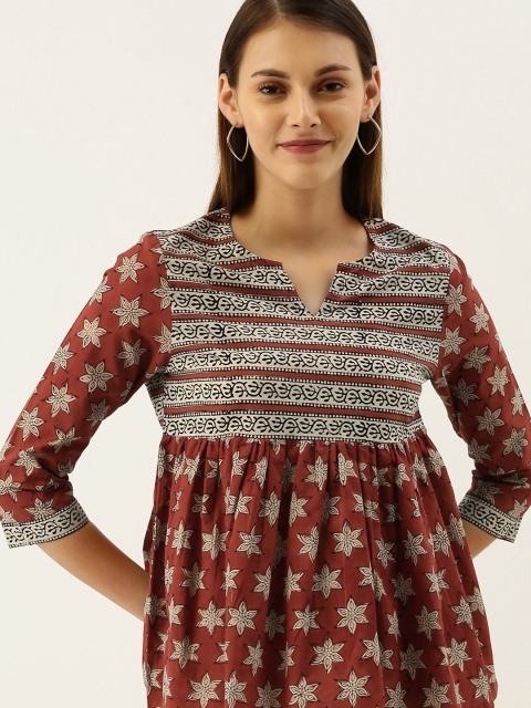 

Taavi Women Rust Red & Beige Bagru Hand Block Print Empire Top With Gathers
