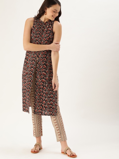 

Taavi Women Beige & Black Bagru Hand Block Print High Slit Sustainable Kurta With Trousers