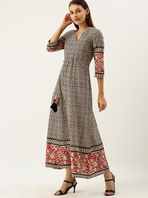 

Taavi Women Beige & Black Bagru Hand Block Print Maxi Sustainable Dress with Waist Tie-Ups