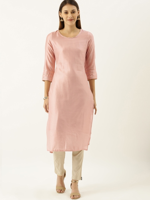 

Taavi Women Pink Solid Woven Legacy Straight Round Neck Neck Sustainable Kurta