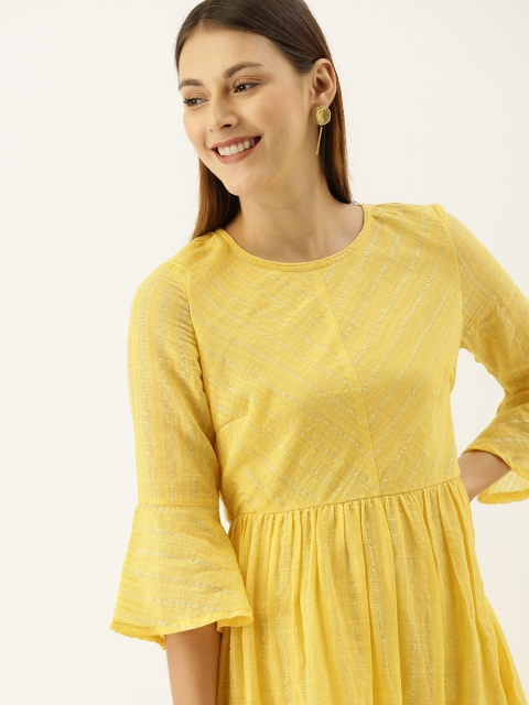 

Taavi Women Yellow & Silver-Toned Woven Legacy Striped Fit & Flare Sustainable Dress With Bell Sleeves