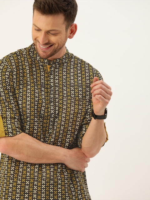 

Taavi Men Black & Mustard Yellow Bagru Hand Block Printed Straight Sustainable Kurta With Pocket