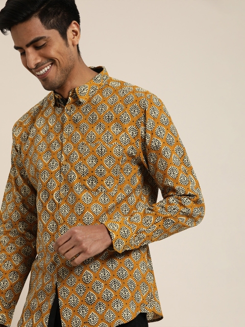

Taavi Men Mustard Yellow & Beige Bagru Printed Casual Sustainable Shirt With Roll-Up Sleeves