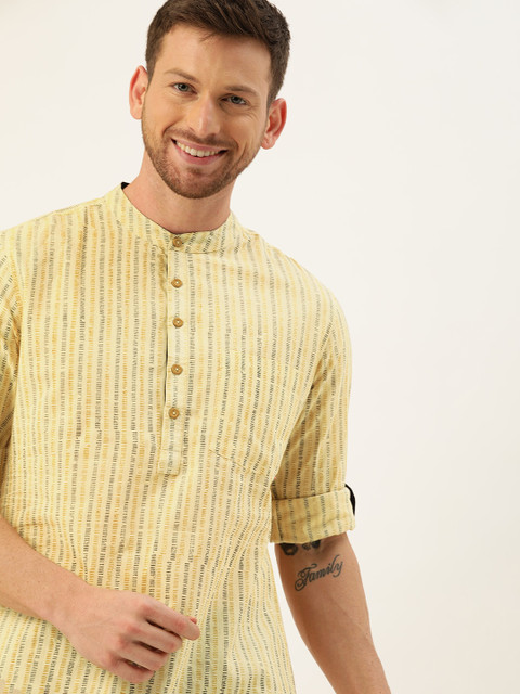 

Taavi Men Beige & Black Bagru Hand Block Printed Straight Sustainable Kurta with Roll-Up Sleeves