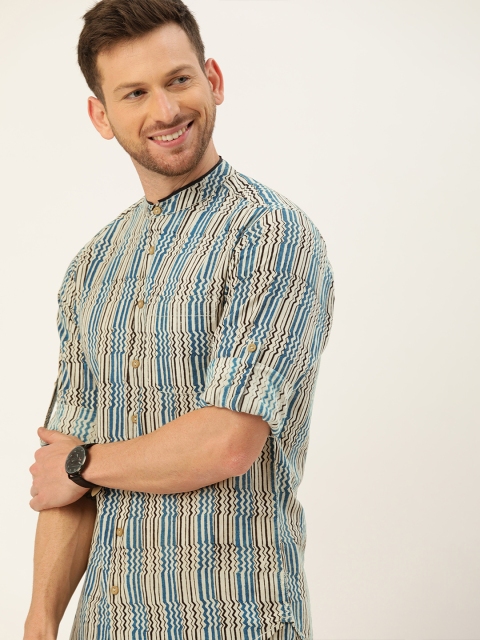 

Taavi Men Beige & Black Bagru Printed Shirt with Mandarin Collar & Roll-Up Tabs