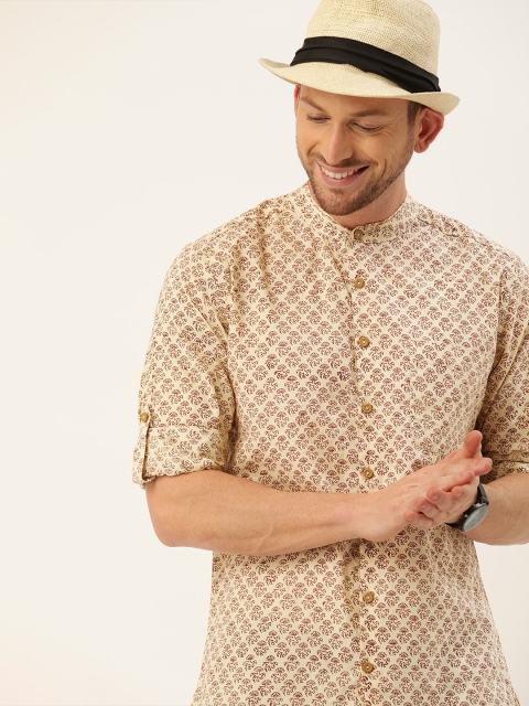 

Taavi Men Beige & Marron Bagru Printed Sustainable Shirt with Mandarin Collar & Roll-Up Tabs