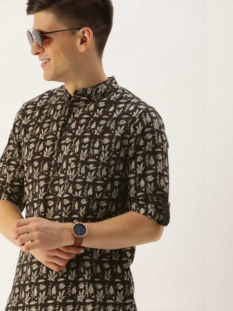 

Taavi Men Black & Beige Bagru Hand Block Printed Straight Sustainable Kurta with Roll-Up Sleeves