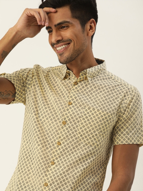 

Taavi Men Beige & Black Bagru Printed Sustainable Shirt with Button Down Collar & Roll-Up Tabs