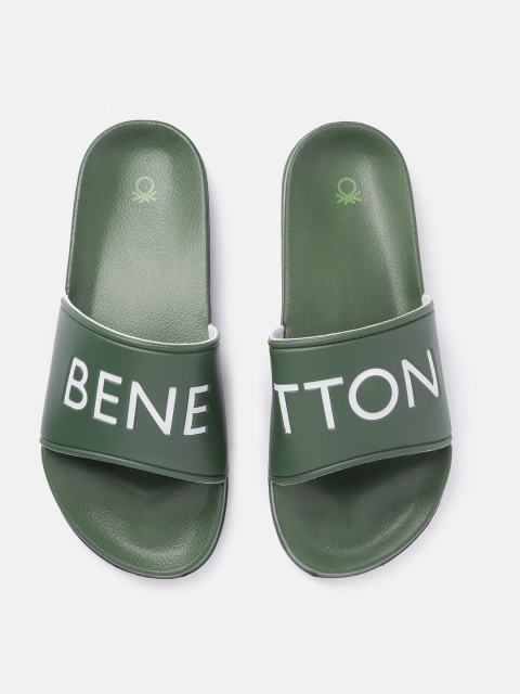 

United Colors of Benetton Men Olive Green & White Printed Sliders