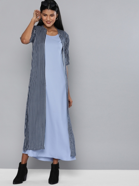 

HERE&NOW Women Blue Solid A-Line Layered Dress With Jacket