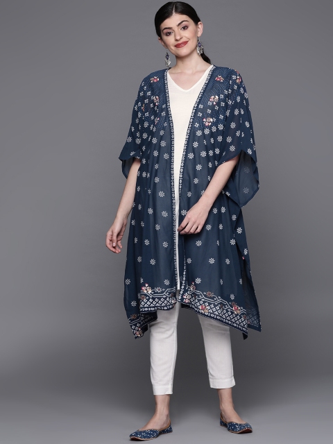 

Biba Women Navy Blue & White Printed Straight Layered Kurta