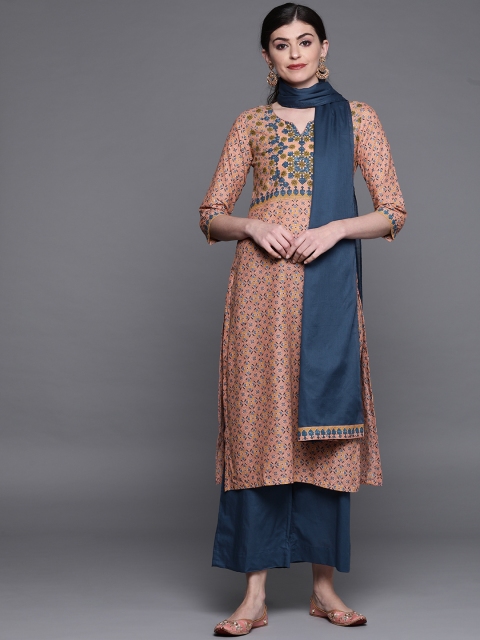 

Biba Women Peach-Coloured & Teal Blue Printed Kurta with Palazzos & Dupatta