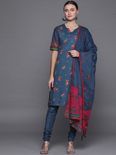

Biba Women Navy Blue & Red Printed Kurta with Churidar & Dupatta