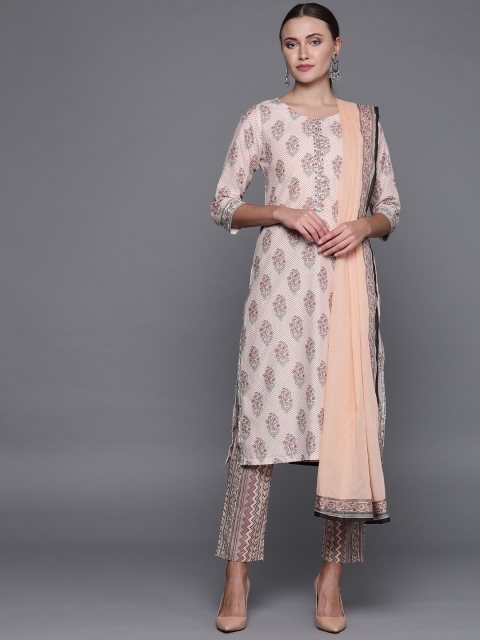 

Biba Women Off-White & Peach-Coloured Printed Kurta with Trousers & Dupatta