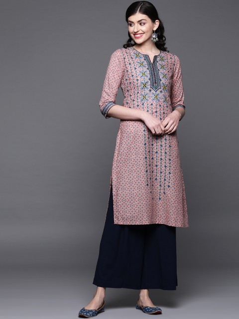 

Biba Women Pink & Navy Blue Printed Straight Kurta