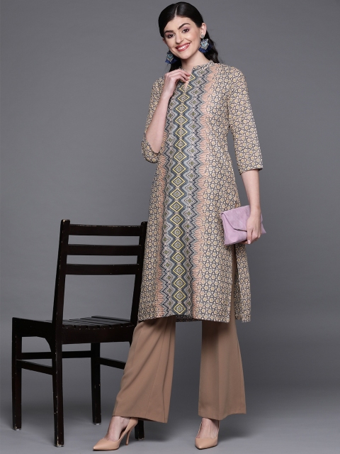 

Biba Women Peach-Coloured & Blue Printed Straight Kurta
