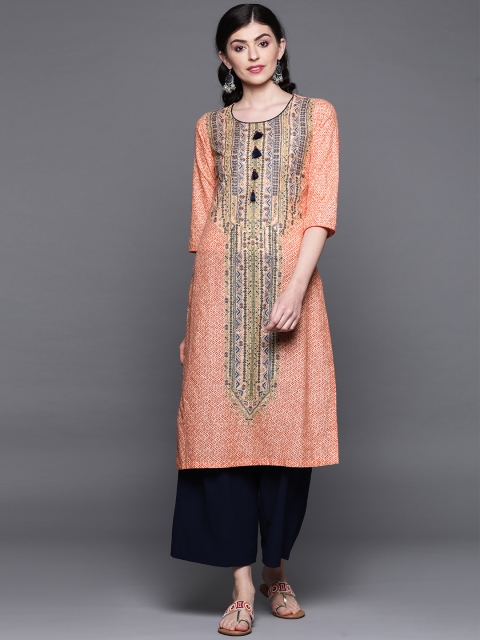 

Biba Women Peach-Coloured & Red Printed Straight Kurta