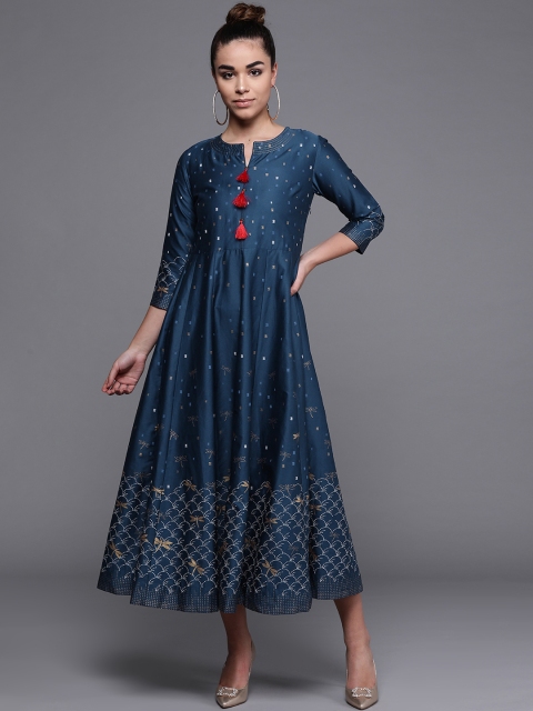 

Biba Women Navy Blue & Golden Printed A-Line Dress