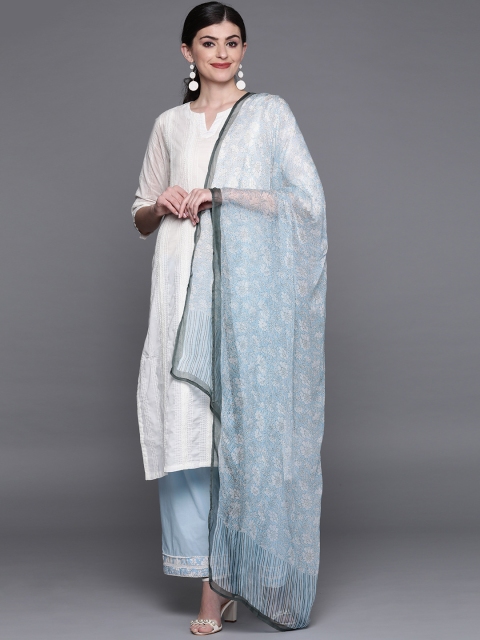 

Biba Women White & Blue Self-Striped Kurta with Palazzos & Dupatta