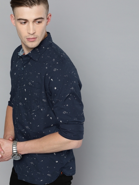 

SINGLE Men Navy Blue & Grey Slim Fit Printed Casual Shirt
