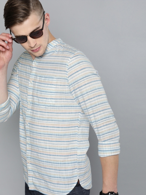 

SINGLE Men White & Blue Slim Fit Striped Casual Shirt