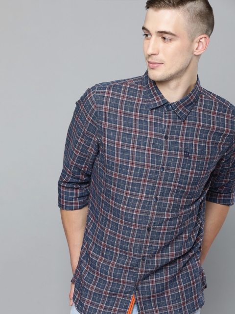 

SINGLE Men Navy Blue & Rust Red Slim Fit Checked Casual Shirt