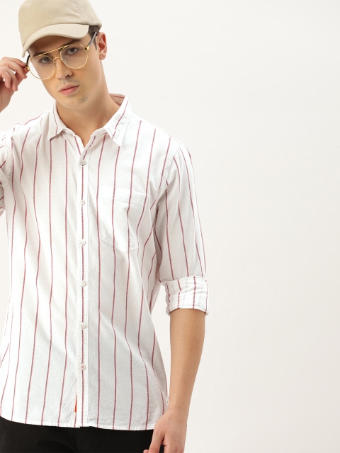 

SINGLE Men White & Red Slim Fit Striped Casual Shirt