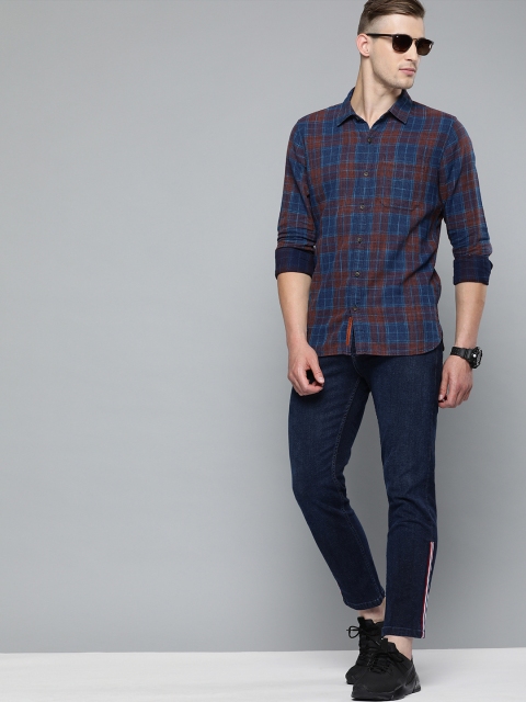 

SINGLE Men Navy Blue & Rust Orange Slim Fit Checked Casual Shirt