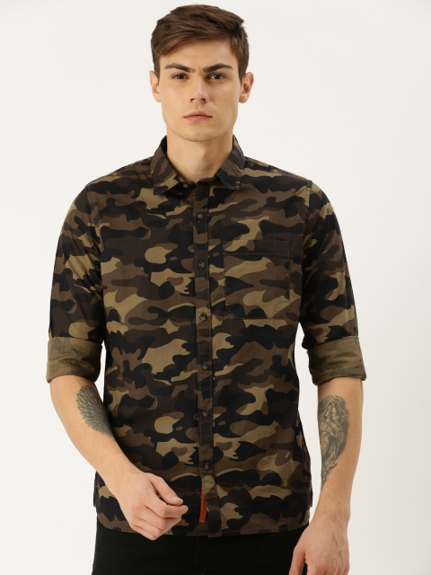 

SINGLE Men Olive Green & Black Slim Fit Printed Casual Shirt